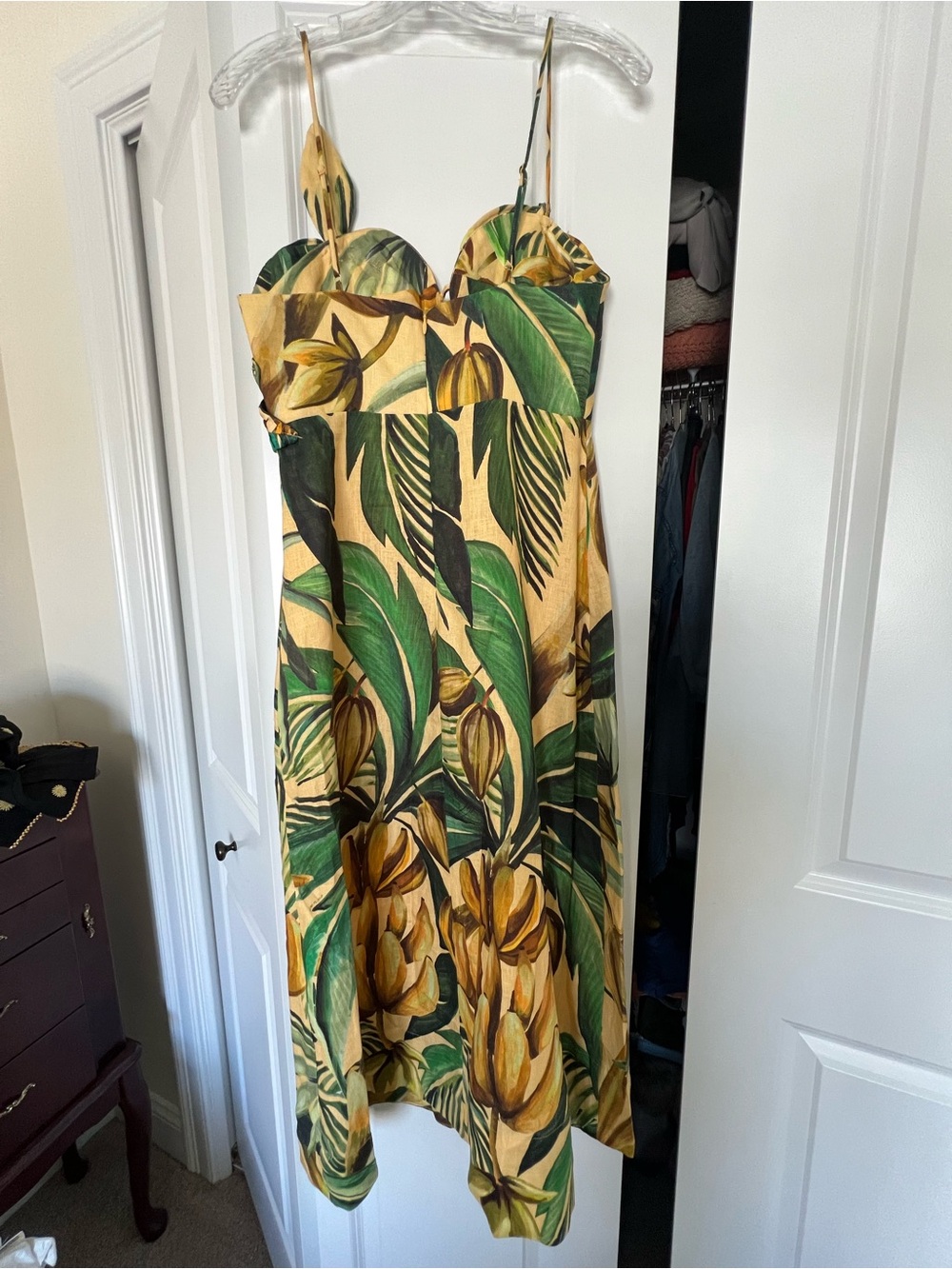 Farm Rio Tropical Leaf Print Sundress in Green and Yellow. - Picture 2 of 3